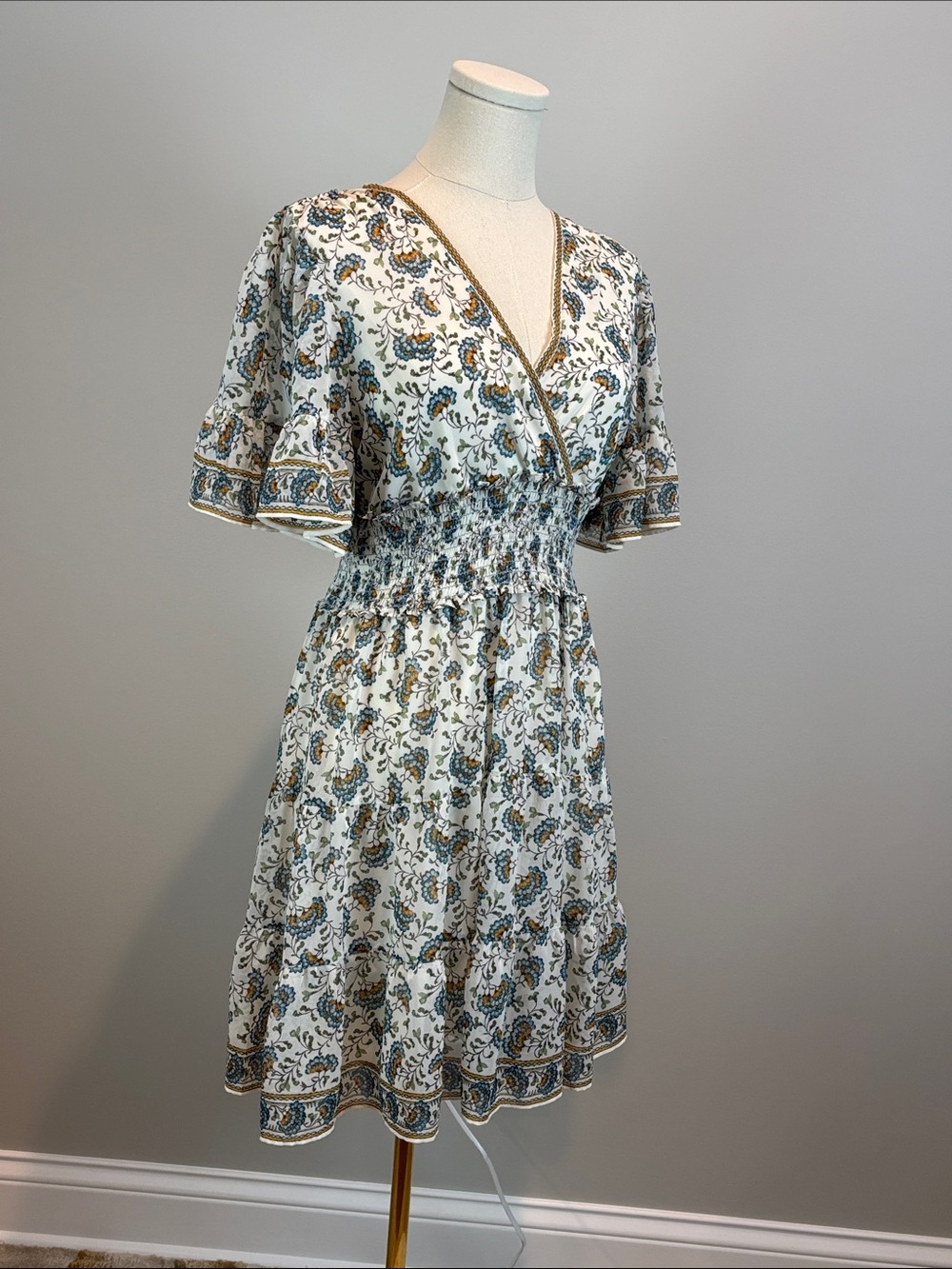 V-Neck Smocked Midi Dress in White and Green Paisley